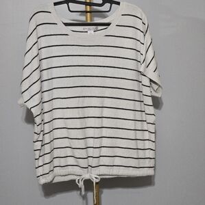 Barefoot Dreams Cream and Black Striped Short Sleeve Drawstring Top